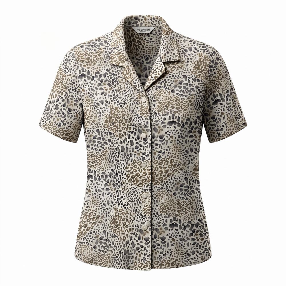 Alfred Dunner Womens 12 Animal Print Crinkle Blouse Leopard Button Front Y2K